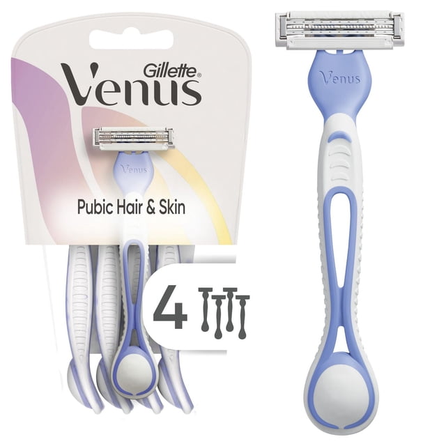 Gillette Venus Women's Disposable Razors for Pubic Hair and Skin, pack of four with white and lavender ergonomic handles, slim pivoting head, and two blades with irritation defense bar to reduce shave irritation and reach tricky areas.