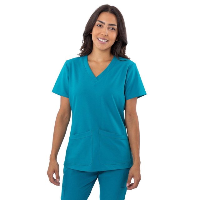 Greentown Canada 4Flex 1201) Sarraus Haut de Sarrau ( Bleu Sarcelle à Coupe Contemporaine, Encolure en V, Manches Courtes et Deux Poches avant à Empiècements, Fait de 93 % polyester et 7 % Élasthanne avec Extensibilité 4 Directions et Tissu Évacuant l'Humidité, Idéal pour les Professionnels de la Santé Qui Ont Besoin de Vêtements de Travail Flexibles et Faciles d'Entretien.