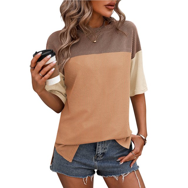Soki Hauts pour Femmes Liquidation Décontracté Manches Courtes Couleur Unie Ourlet Fendu T-Shirt à Col Rond pour Dames