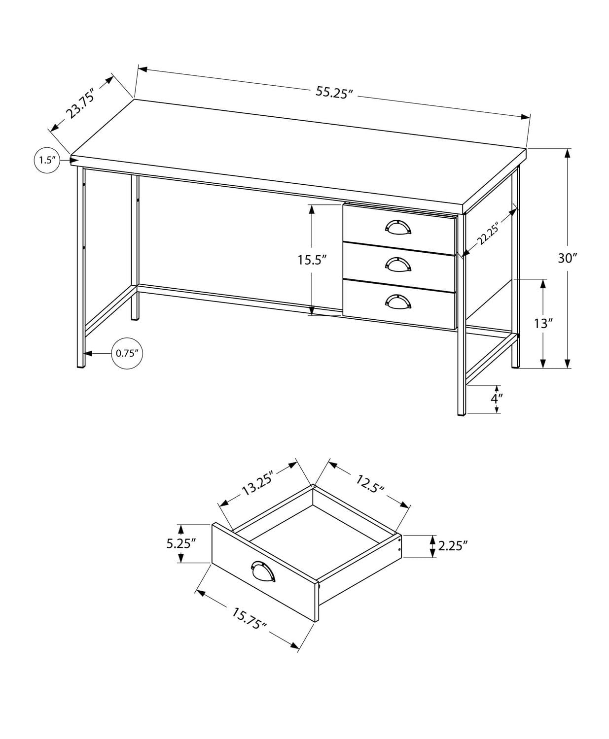 Monarch Specialties Bureau, Bureau À Domicile, Ordinateur Portable, Tiroirs De Rangement, 55"l, Travail, Métal, Stratifié, Noir, Contemporain, Moderne