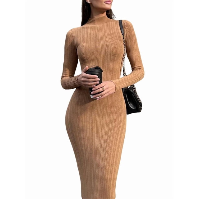 Robe Maxi à Manches Longues pour Femme Automne et Hiver, Tricot Côtelé, Coupe Ajustée, Robe Décontractée, Kaki, m