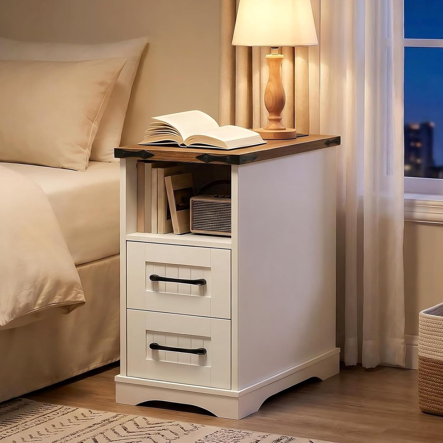 Farmhouse Nightstand with Charging Station, End Table with 2 Drawers and 1 Open Compartment, for Living Room, Bedroom, Small Space, White and Walnut WH362UBZ01