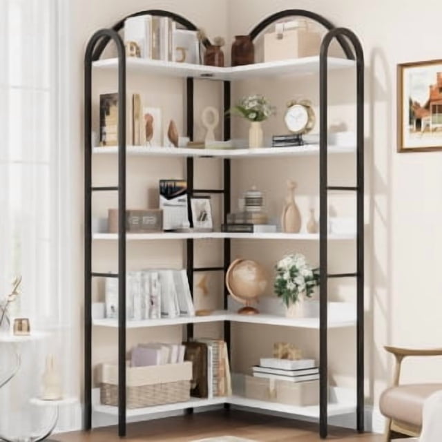 Corner Bookshelf Arched Bookcase, L Shaped Bookshelf Industrial Corner Shelf, Large Bookshelf With Metal Frame, Etagere Shelf Corner Display Rack for Living Room Bedroom