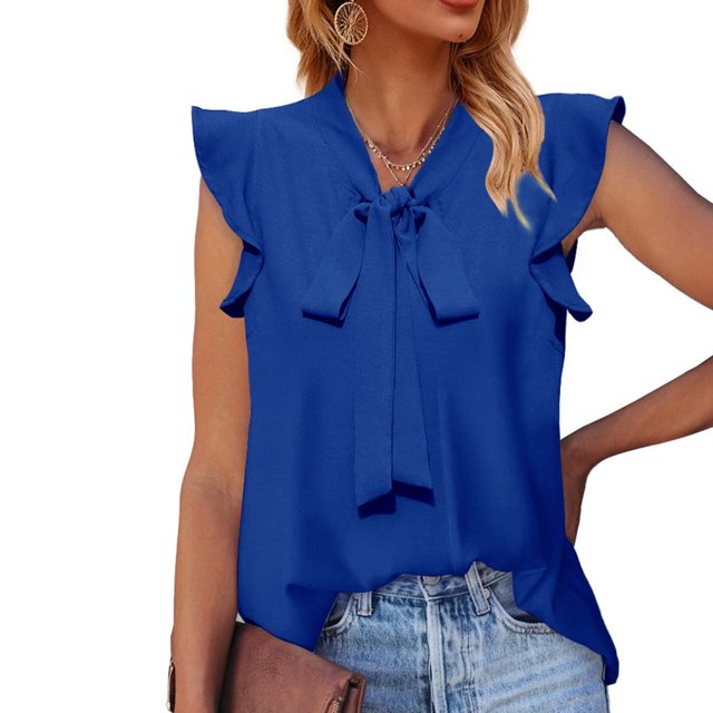 EGNMCR Camisoles pour Femmes Chemisiers à Col Noué pour Femmes Été Décontracté à Volants Sans Manches