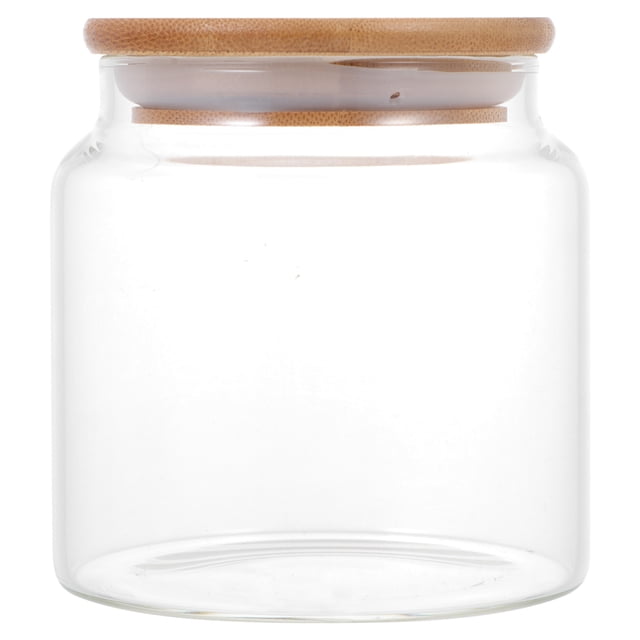 Kitchen Glass Jar Home Cereals Storage Jar Glass Storage Tank Storage Jar with a transparent glass body and bamboo lid. Airtight design ensures freshness for spices, cereals, or other food items. Compact and durable, ideal for kitchen organization and home decoration.