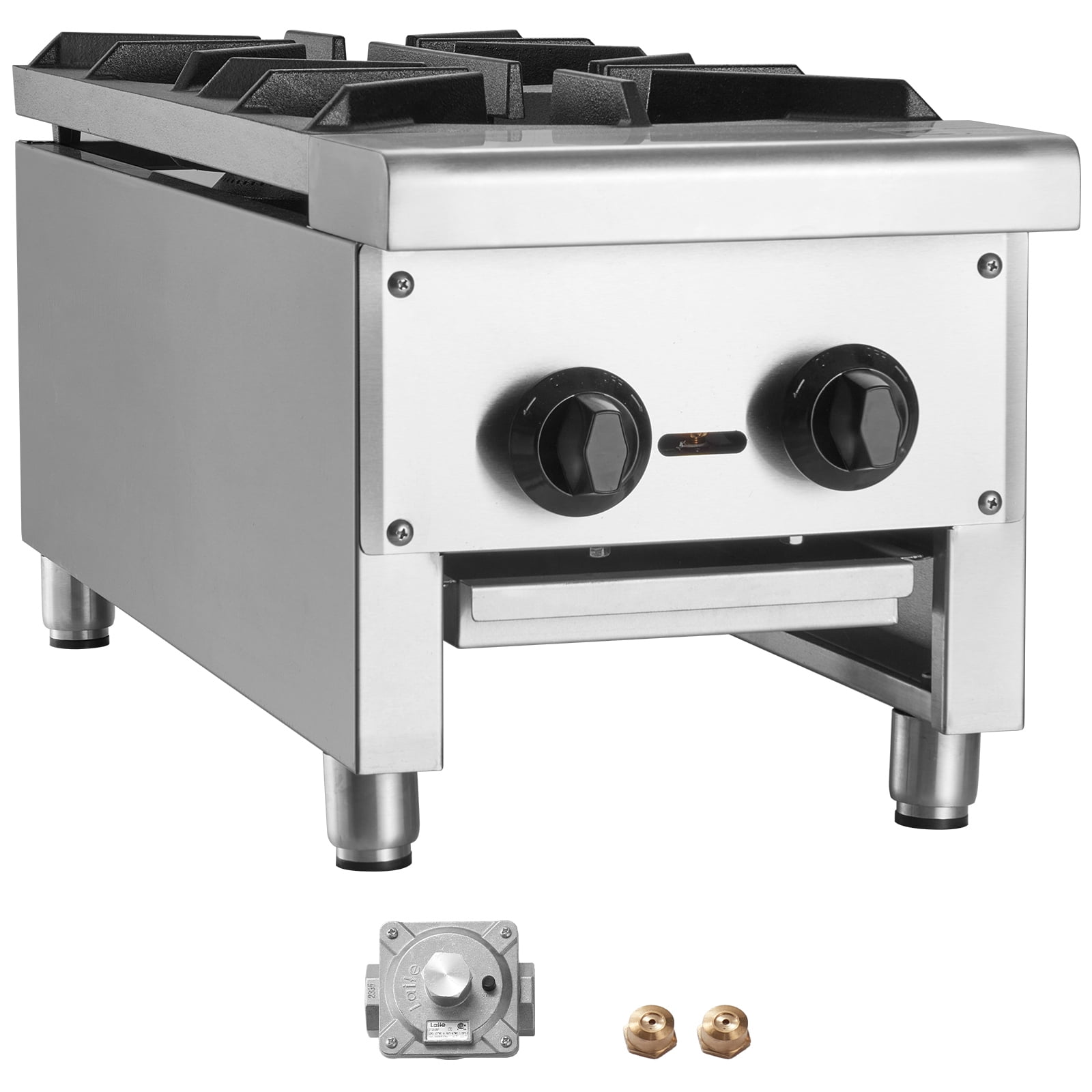 KFFKFF Gas Cooktop, Dual Burner, Propane/Natural Gas, Stainless Steel Countertop Range, 56,000 BTU, Kitchen Equipment for Food Businesses