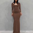 thumbnail image 2 of YFELWZ Robe Longue Dos Nu à Manches Longues Col en V Aguichant pour Femmes Grande Taille Marron G, 2 of 8
