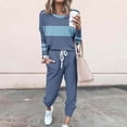 thumbnail image 2 of Posijego Ensemble Femme 2 Pcs Tenue Rayée Décontractée Manches Longues Col Ras du Cou Hauts Pantalons à Cordon Ensembles Détente P-5TG, 2 of 5
