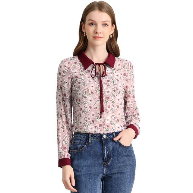 INSPIRE CHIC Women's Contrast Color Collar See Through Floral Blouse