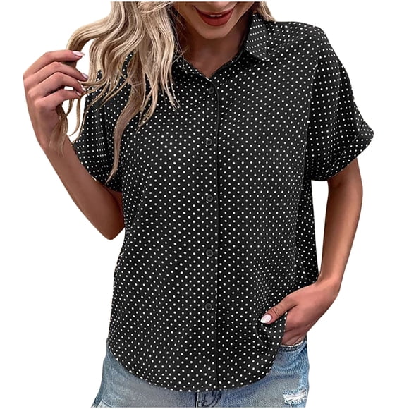 Lenpel Button down Shirts for Women Short Sleeve Printed Business Casual Work Tunic Tops Loose Collared Blouses