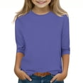thumbnail image 1 of 2025 Chemises à Manches 3/4 pour Filles Mode Couleur Unie Col Rond Hauts Chemises Décontractées Bleu Foncé, 1 of 6