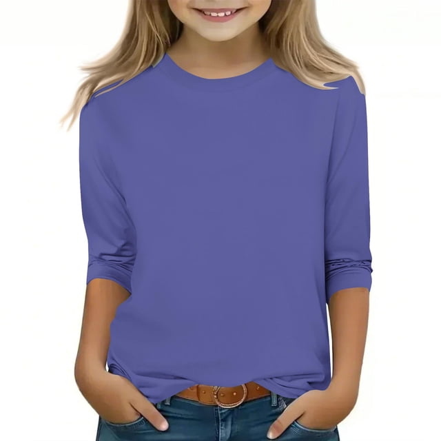 2025 Chemises à Manches 3/4 pour Filles Mode Couleur Unie Col Rond Hauts Chemises Décontractées Bleu Foncé