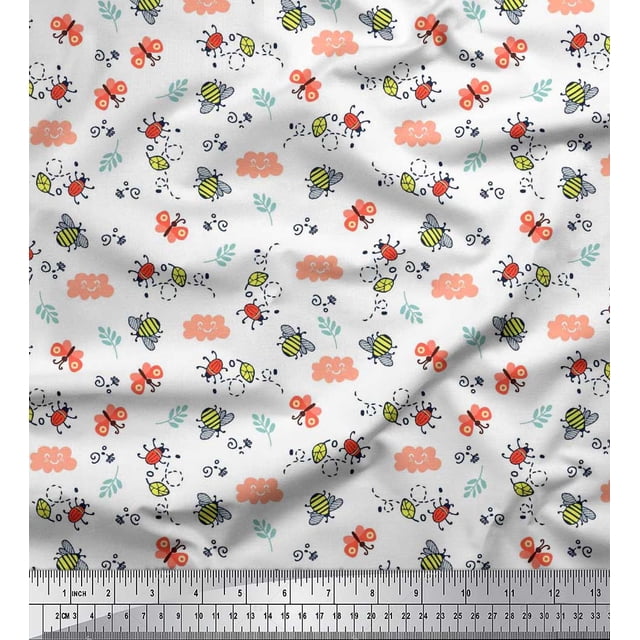 Soimoi White Velvet Fabric Honey Bee & Bettle Bee Insects Print Fabric by The Yard 58 Inch Wide