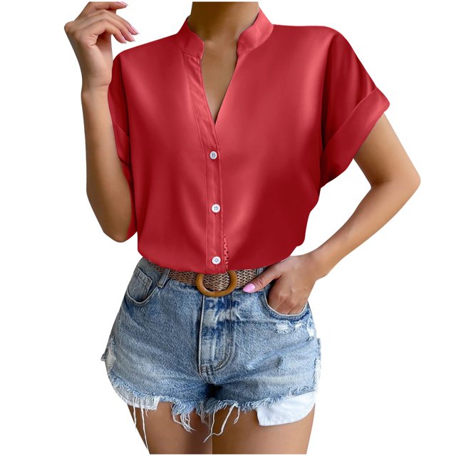 Hauts pour Femmes de Couleur Unie à Boutons T-Shirts Blouse à Col en V