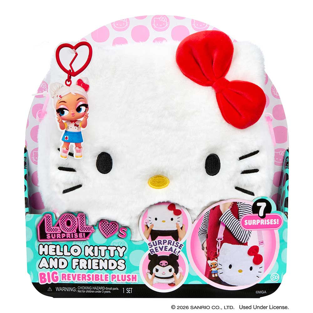 GRANDE peluche réversible LOL Surprise Loves Hello Kitty and Friends – Grande peluche avec poupée Tout-petit assortie, réversible, jeu portatif et 7 surprises au total – Collectionnez les 3 !