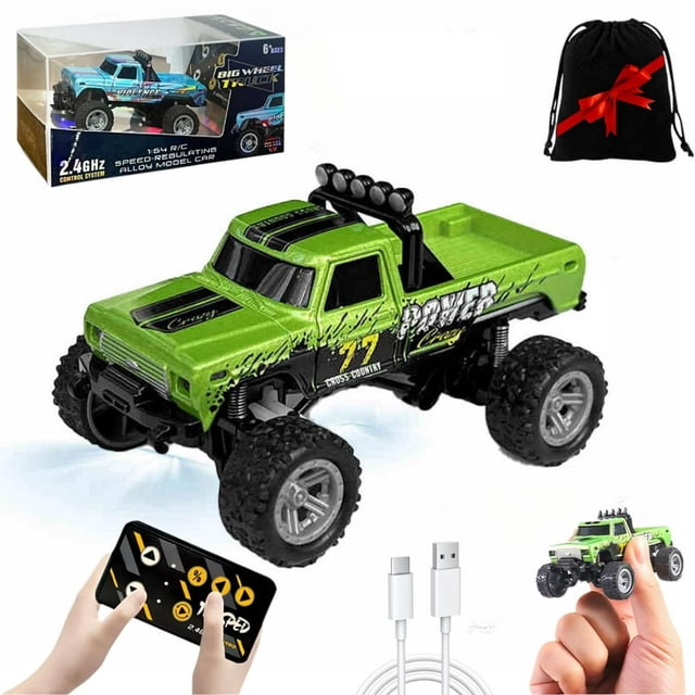 Mini Rc Monster Truck 1/64 Scale Monster Truck with Lights 2.4Ghz Remote Control Car Rechargeable Mini Monster Truck Rc Alloy Rc Semi Truck for Kids Gifts Speed Adjustable