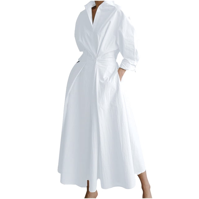 cfhntfmh Robes Décontractées pour Femmes à Manches Longues avec Col à Revers, Robe Longue Maxi à Col en V avec Poches. Cette Robe Blanche Trapèze Présente une Encolure à Revers, des Manches Longues et une Taille Froncée pour une silhouette Flatteuse. le Tissu Léger et Respirant la Rend Adaptée aux Sorties Décontractées, aux Événements Formels Ou à la Détente. la Robe Comprend des Poches Latérales Fonctionnelles et une Longueur Maxi Fluide, Idéale à Agencer avec Divers Accessoires et Chaussures.