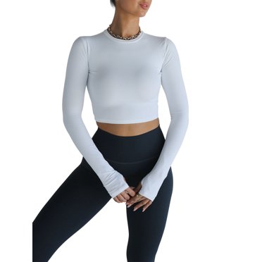 FAROOT Hauts d'Entraînement Courts pour Femmes Couleur Unie Trou pour le Pouce Manches Longues Chandail de Yoga Athlétique