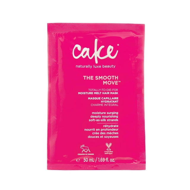 Cake The Smooth Move Moisture Melt Hair Mask in a bright pink 50 mL sachet with white text, featuring a moisture surging, deeply nourishing formula for soft-as-silk strands, cruelty-free and vegan, created in Canada.