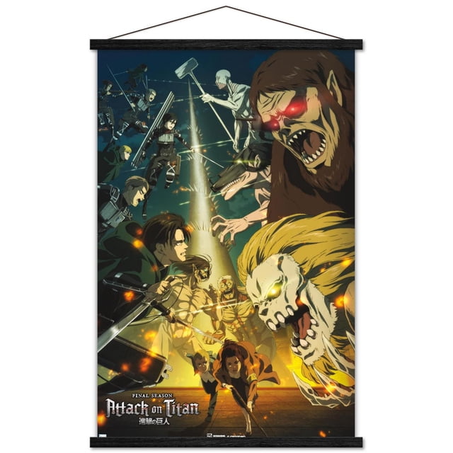 Attack on Titan : Saison 4 - Affiche Murale Visuelle Clé 3 avec Cadre Magnétique, 22,375 Po x 34 Po Représentant une Scène d'Anime Détaillée avec des titans et des Soldats en combat Autour d'Une Tour à Picots, Mettant en Vedette un Titan Rugissant aux Yeux Rouges Lumineux et un Titan Semblable à un Lion aux Yeux Jaunes Lumineux, Imprimée sur Papier Lustré pour une Oeuvre Murale Vibrante Convenant aux Chambres, Bureaux Ou Dortoirs.