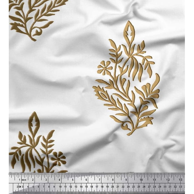 Soimoi Polyester Crepe Fabric Leaves & Floral Block Print Fabric by The Yard 42 Inch Wide