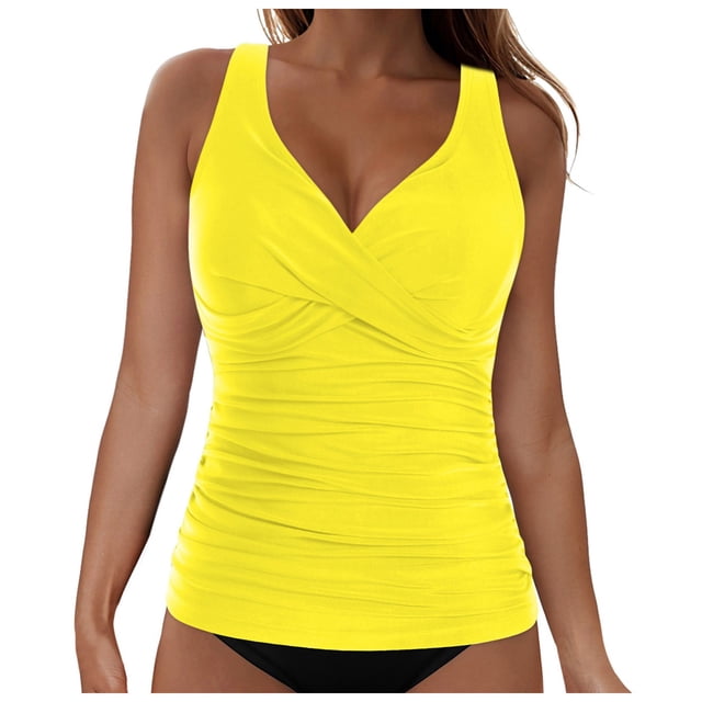 NIEWTR V-Neck Tankini Tops For Women Backless Adjusting Strap Bathing Suits Tummy Control Push Up Swimsuit Top(Yellow,L)