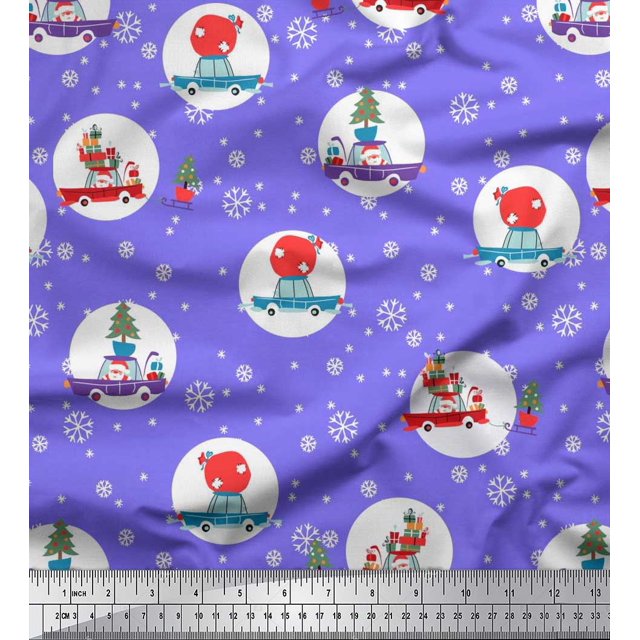Soimoi Rayon Fabric Gift Box,Car & Santa Christmas Print Sewing Fabric Yard 56 Inch Wide