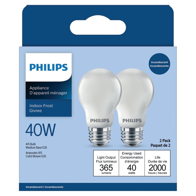 PHILIPS 40W A15 Medium Base Frosted Appliance Light Bulbs 2-Pack showing two frosted incandescent bulbs with medium E26 bases on blue packaging, offering 365 lumens light output, 40 watts energy use, and 2000 hours life, ideal for indoor appliances such as microwaves and refrigerators.
