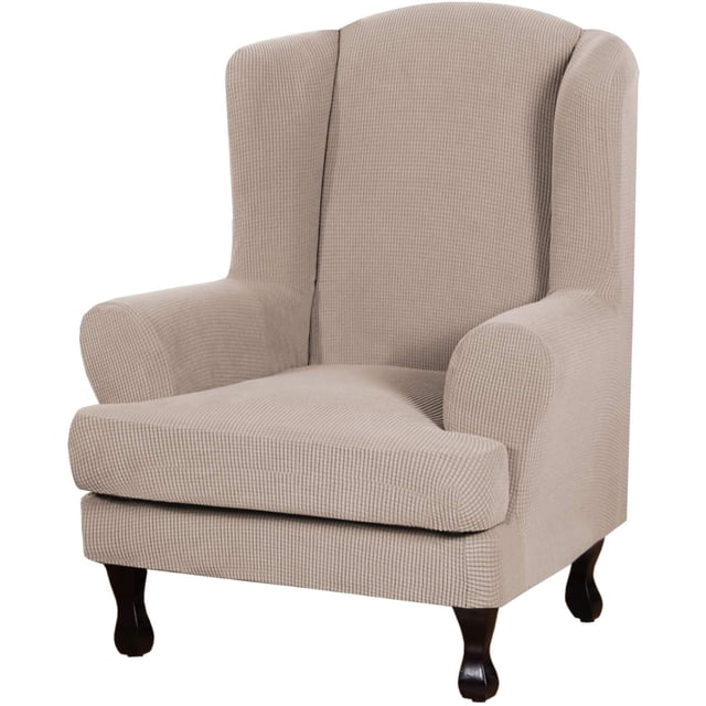 2 Piece Super Stretch Stylish Furniture Cover/Wingback Chair Cover Slipcover in sand color, featuring a spandex jacquard checked pattern. Designed for wing chairs with T or box cushion styles, fitting seats 26-32 inches wide and up to 45 inches tall. Made from durable, high-stretch knitted jacquard fabric with skid resistance and elastic bands for a secure fit. Provides full protection against spills, stains, and wear, ideal for homes with children or pets. Machine washable for easy care.