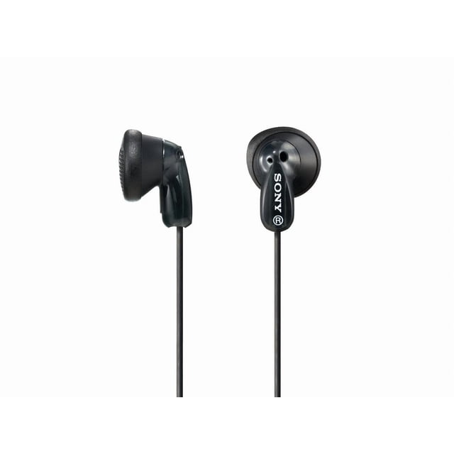 Sony MDR-E9LP Stereo Earbud Headphones in black, showing front and side views of wired earbuds with super-light in-the-ear design, 13.5mm driver units, and neodymium magnet for powerful bass, featuring the Sony logo on one earbud against a white background. These earbuds are also suitable for compact, portable audio use during travel.