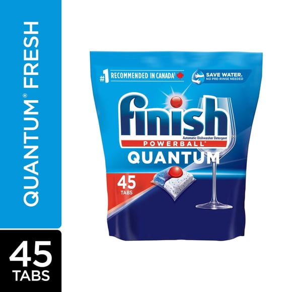 Finish® Quantum® Dosettes de détergent pour lave-vaisselle, Pas de pré-rinçage nécessaire, Pour un nettoyage en profondeur et un éclat éclatant, 45 dosettes