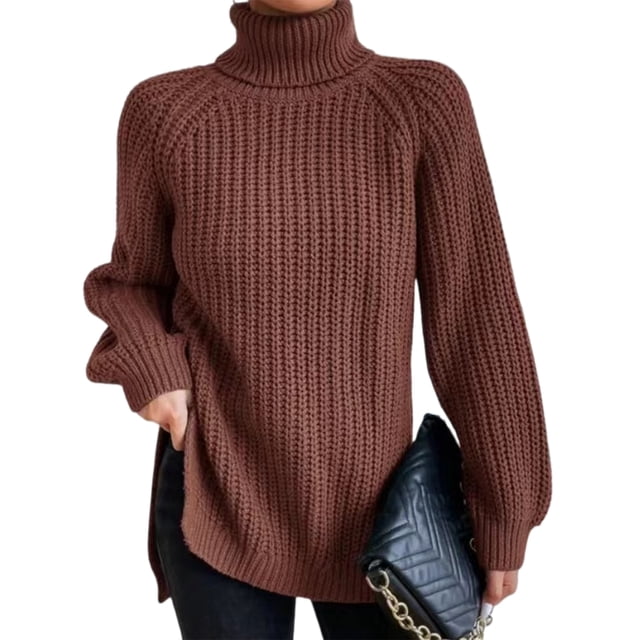 Innerwin Chandails à Col Roulé pour Femmes Chandail de Travail Manches Longues Ample Tricoté Marron TP