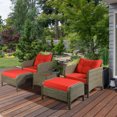thumbnail image 2 of Outsunny 5 Pieces Wicker Patio Furniture Sofa Set Thick Padded Cushions, Outdoor PE Rattan Conversation Coffee Set with Armchairs, Footstools and Glass Top Table, Red, 2 of 10
