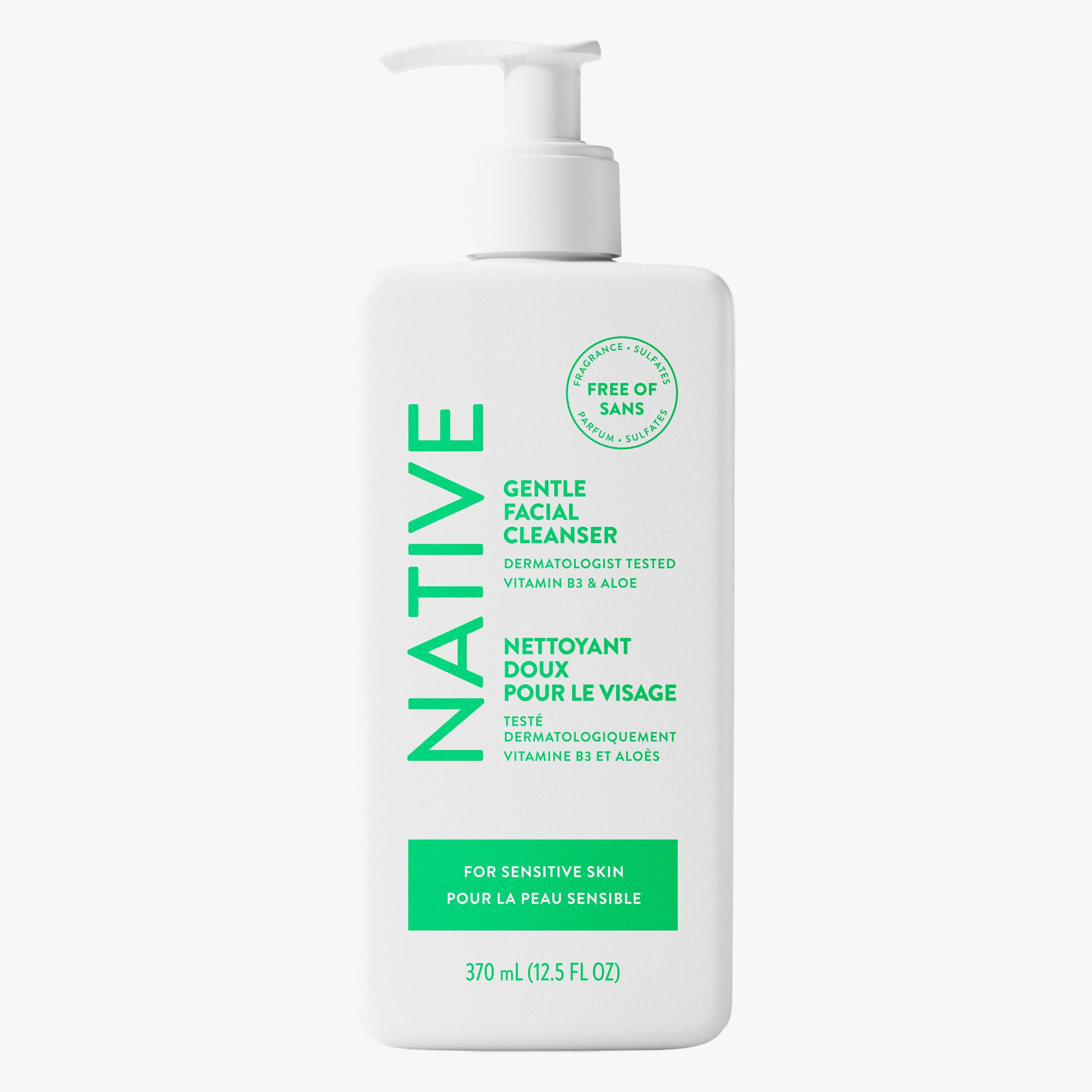 Nettoyant doux pour le visage Native pour peau sensible, sans parfum, sans sulfate, avec vitamine B3 et aloès, testé dermatologiquement, 370 mL