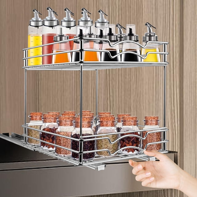 2 Tier Kitchen Pull Out Cabinet Spice Rack Organizer, 5 /6 /8 Inches Width Slide Out Under Cabinet Sliding Shelf