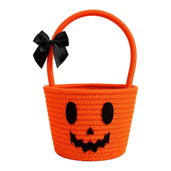 Panier de Bonbons Citrouille d'Halloween avec Nœud Noir, Panier à Main Portable pour Enfants, Panier de Rangement Tressé Orange pour Décoration de Collecte de Bonbons de Fête d'Halloween