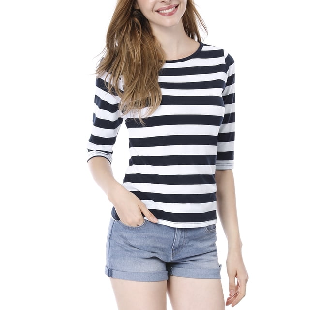 INSPIRE CHIC Hauts pour Femmes Non Doublés Col Rond Manches au Coude Coupe Ajustée T-Shirt Décontracté 2TG Blanc Bleu Foncé