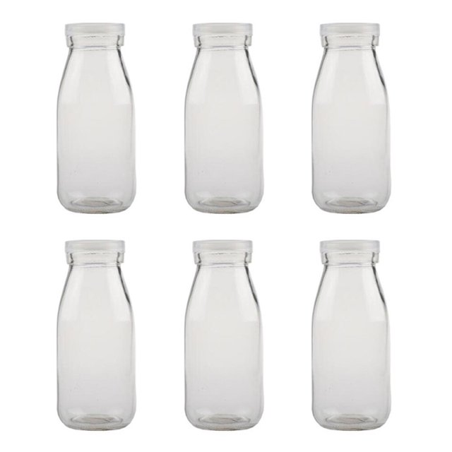 6Pcs 250ML Heat Resistant Milk Glass Bottles with Plastic Lid Yogurt Bottles