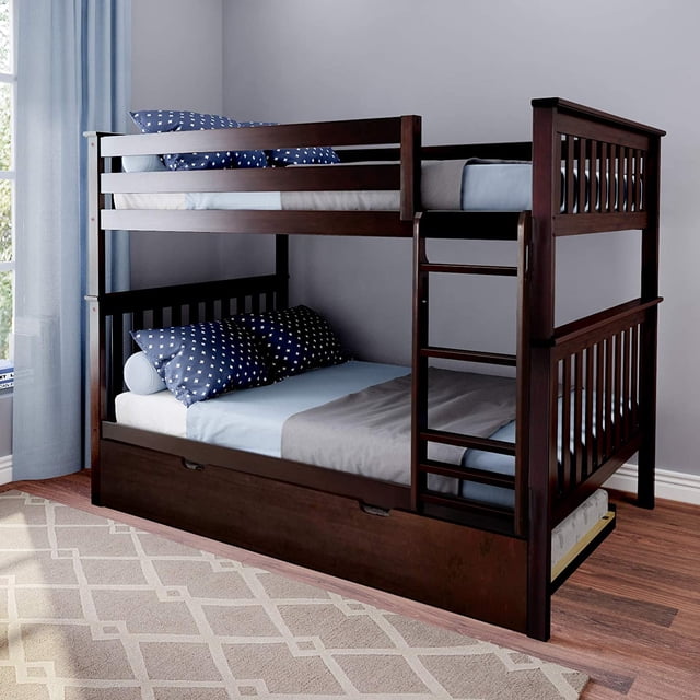 BEDSMART Solid Wood Full Over Full Bunk Bed With Trundle | Espresso