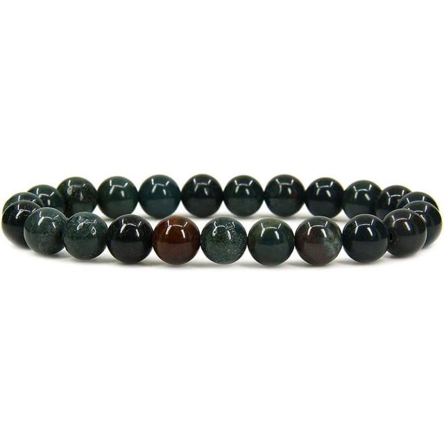 Bracelet Extensible Unisexe en Perles Rondes de 8 mm avec Pierre de Sang Verte Naturelle Héliotrope