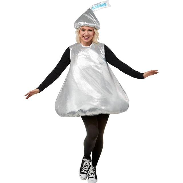 Hershey Kisses Adult Costume with a shiny silver polyester tunic shaped like a Hershey Kiss and a matching pointed hat featuring a white flag labeled 'Kisses', worn over black long sleeves, black leggings, and black high-top sneakers, suitable for Halloween and costume parties.