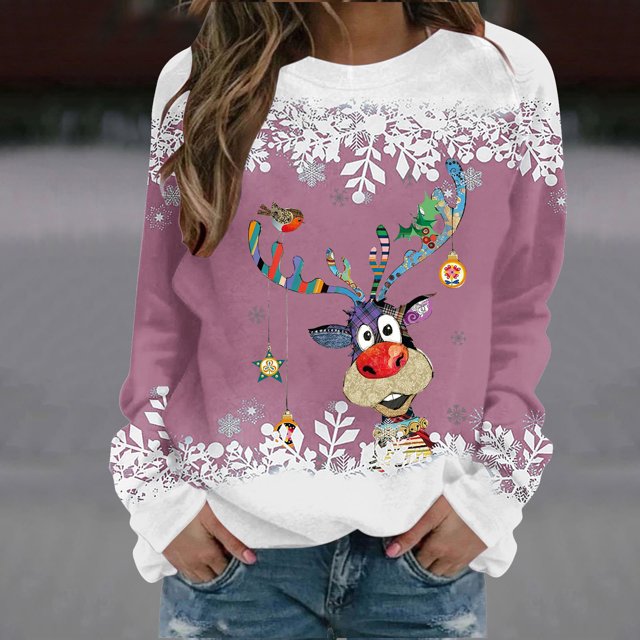 Chandails à Col Rond pour Femmes, T-shirt Ample Imprimé d'Hiver, Blouse à Manches Longues, Col Rond, Hauts Décontractés, Chandails à Capuchon pour Filles en Liquidation