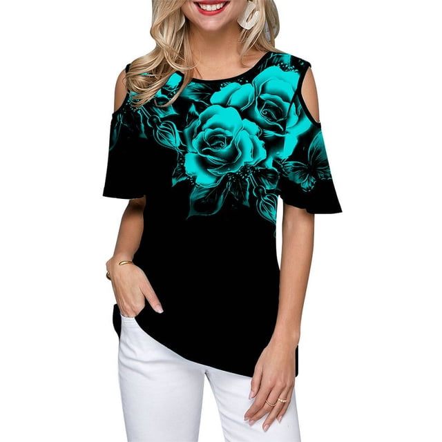 DYMADE Women Round Neck Off Shoulder Short Sleeve Floral Casual Top