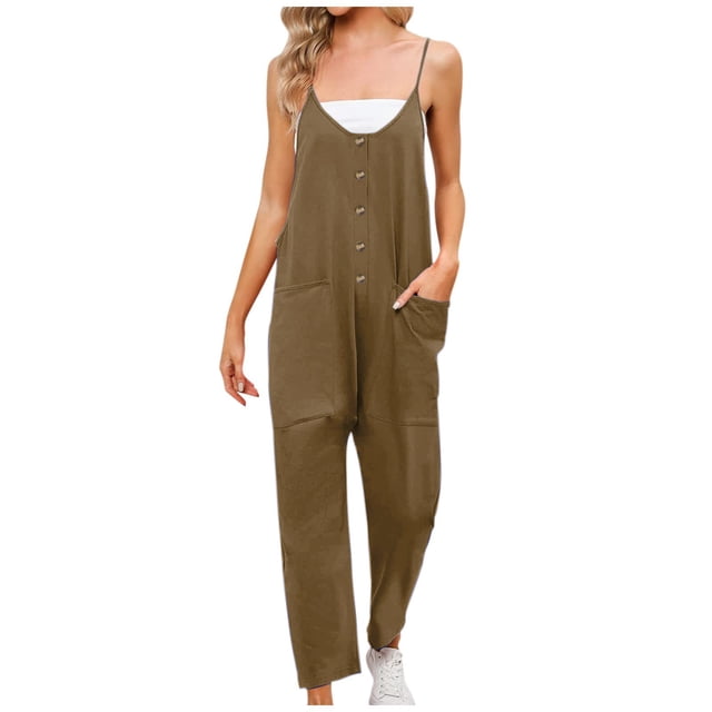 Summer Jumpsuits for Women Spaghetti Straps Casual Button V Neck Plain Cropped Pants Rompers Outfits with Pockets