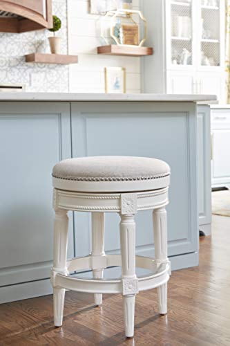 New Ridge Home Goods Chapman 25in. Counter-Height Wood Backless Barstool with Faux-Leather Swivel Seat, Alabaster White