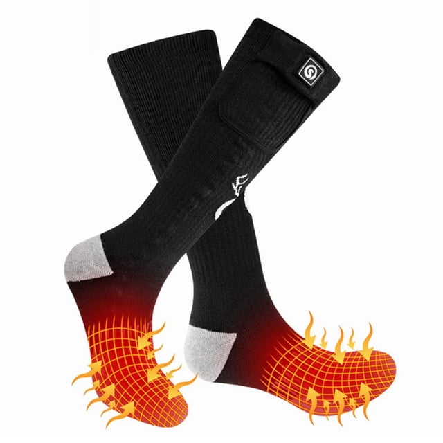 Sun Will Winter Warm Socks Unisex Rechargeable Heated Socks S-XL in black with grey accents. These socks feature carbon fiber heating elements that provide warmth to the instep and ball of the foot, promoting blood circulation and reducing foot fatigue. They are powered by a 7.4V 2200mAh rechargeable lithium battery, offering 2.5 to 8 hours of heat with three adjustable temperature settings ranging from 40-65°C. Made from a blend of Coolmax, elastane, and spandex, these socks are breathable, comfortable, and suitable for outdoor activities like skiing, hiking, and fishing. Includes a USB charging design for convenience.