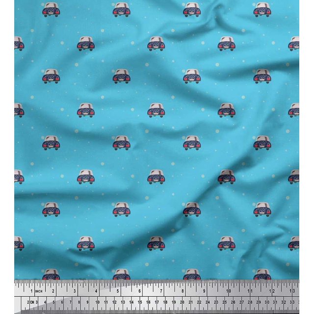 Soimoi Modal Satin Fabric Dot & Car Transport Printed Fabric 1 Yard 42 Inch Wide