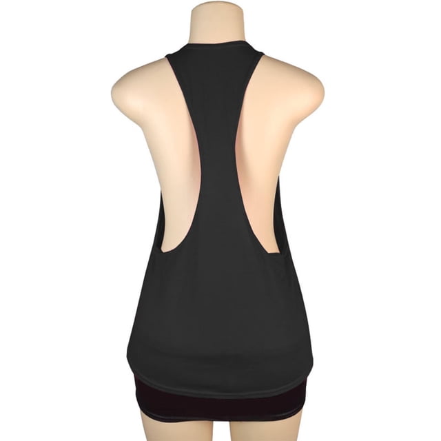 Timegard Womens Tank Top Summer Athletic Sleeveless Racerback Casual Comfy Workout Tee Top Solid Color. The image shows the back view of a black racerback tank top made of a polyester and spandex blend, featuring a sleeveless design with wide shoulder straps and a lightweight, breathable structure. Suitable for casual daily wear or workouts, this tank top is versatile for layering or standalone use. Size large with a bust measurement of 82cm (32.28 inches) and a length of 65cm (25.59 inches).