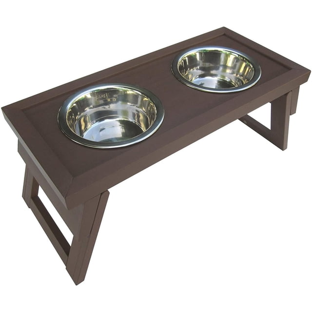 New Age Pet ecoFLEX Habitat N Home Hilo Raised Diner, Large, Espresso, a raised dog feeding station with two removable stainless steel bowls set in an espresso ecoFLEX composite platform with foldable legs for adjustable height, designed for easy maintenance and all dog sizes.
