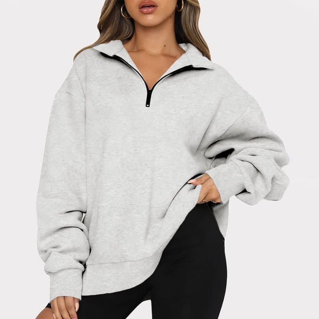LSLJS Chandail à Demi-Glissière pour Femmes, Coupe Ample, Manches Longues, Col, Épaules Tombantes, Uni, Veste à Fermeture Éclair 1/4, Chandails à Enfiler pour Femmes ( Gris, P )